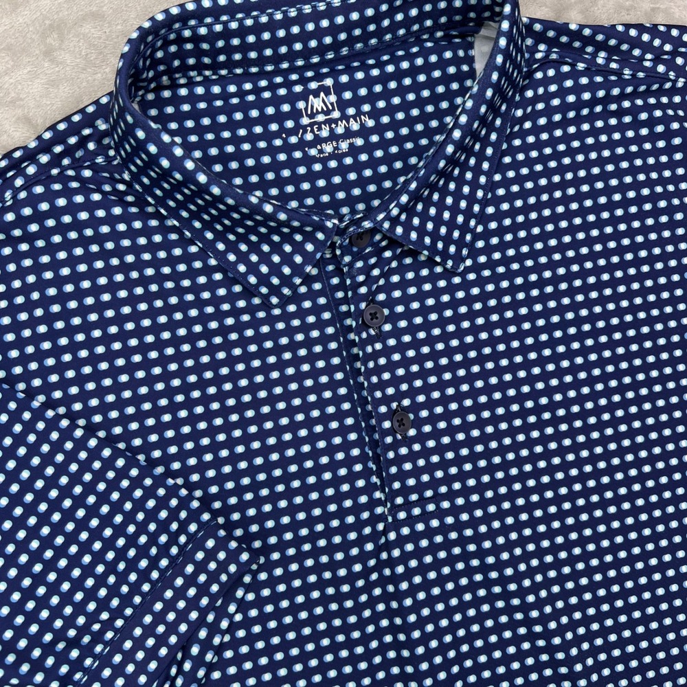 Mizzen + Main Versa Polo Shirt Mens Large Blue Geometric Dot Performance Stretch